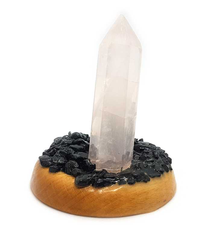 Buddha mit Rosenquarz Spitze und Onyx in Holzgefäß